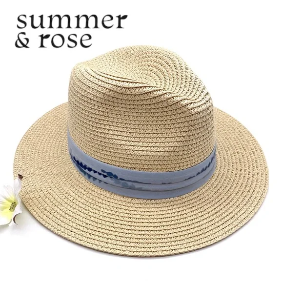 NWT Summer & Rose Madison Straw Fedora with Blue Tie Dye Band Half Note Straw Hat - Two-Tone Summer Festival Hat for Men  main image 2